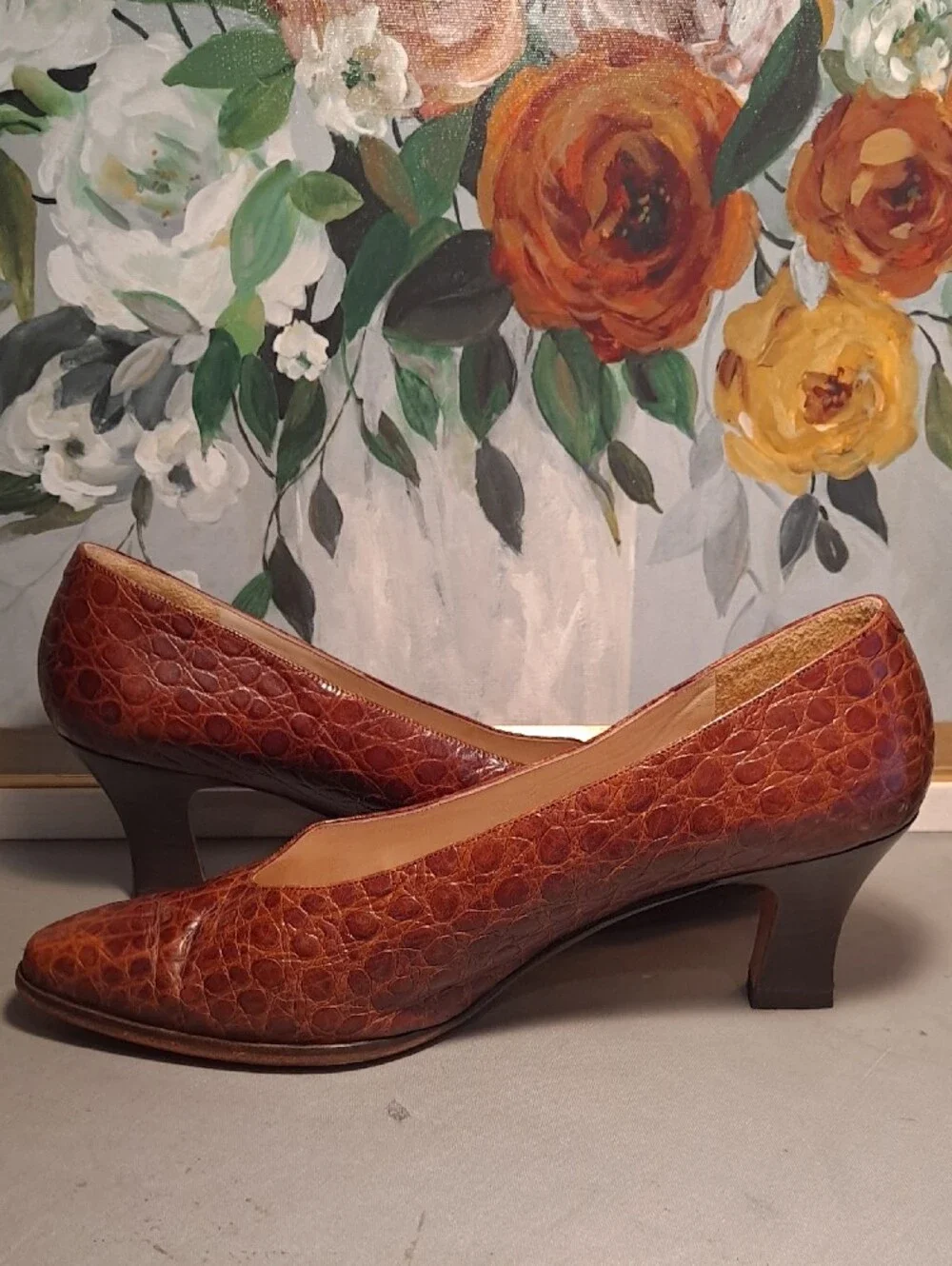 Vintage 70s Alamlfi Rangoni Monica Croc Embossed Brown Leather Pumps 8.5W Rare